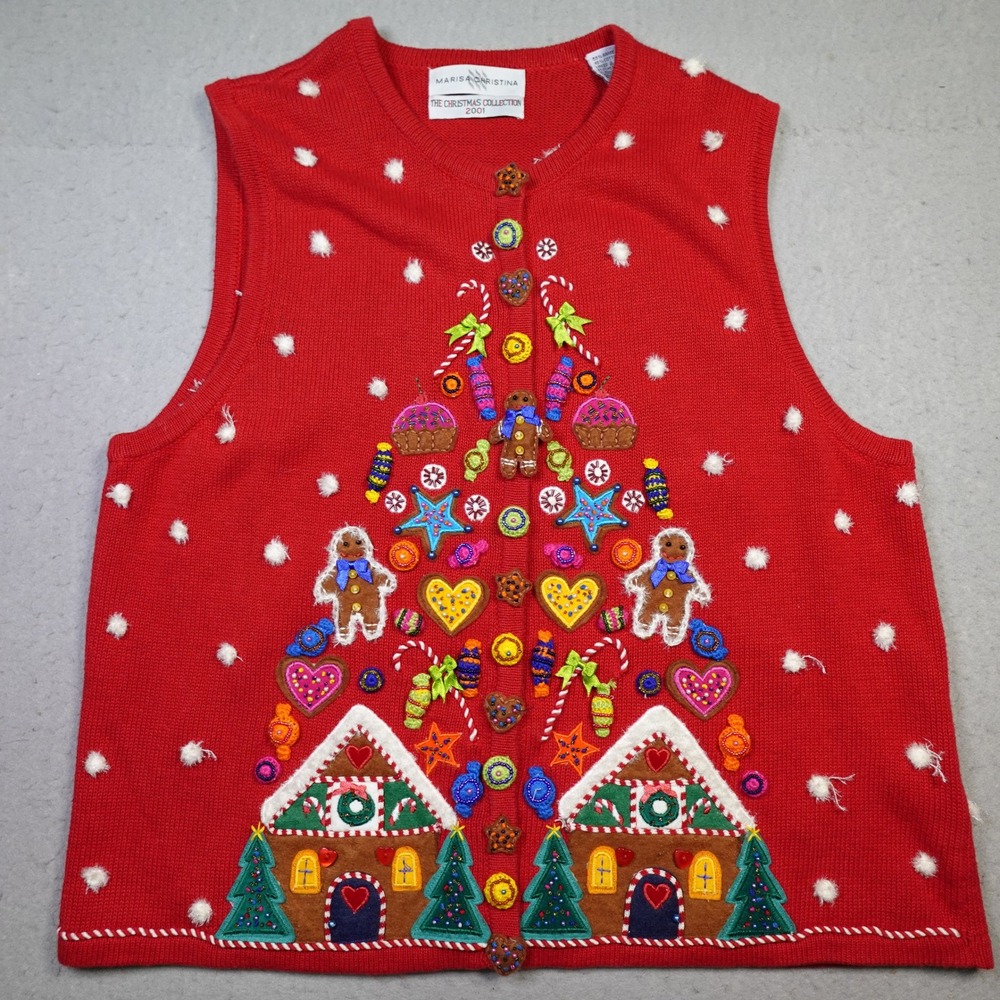 Vintage Marisa Christina Sweater Vest Women XL Red Gingerbread Ugly Christmas